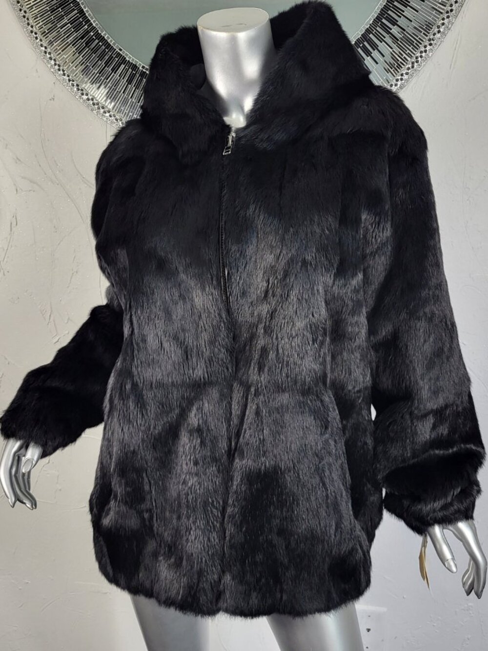 NWT~$600~ADRIENNE LANDAU~M/L~BLACK GENUINE REAL RABBIT FUR BOMBER JACKET COAT - Picture 5 of 16